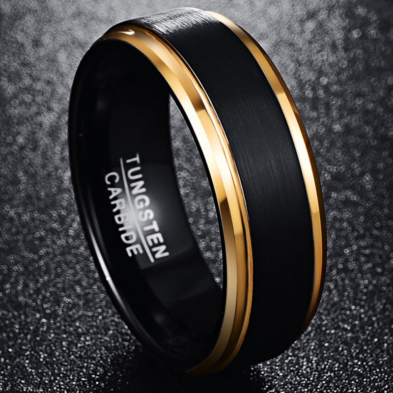 Bold Contrast 8mm Tungsten Ring - Black Matte Surface & Golden Plated Interior (Sizes 7-15)