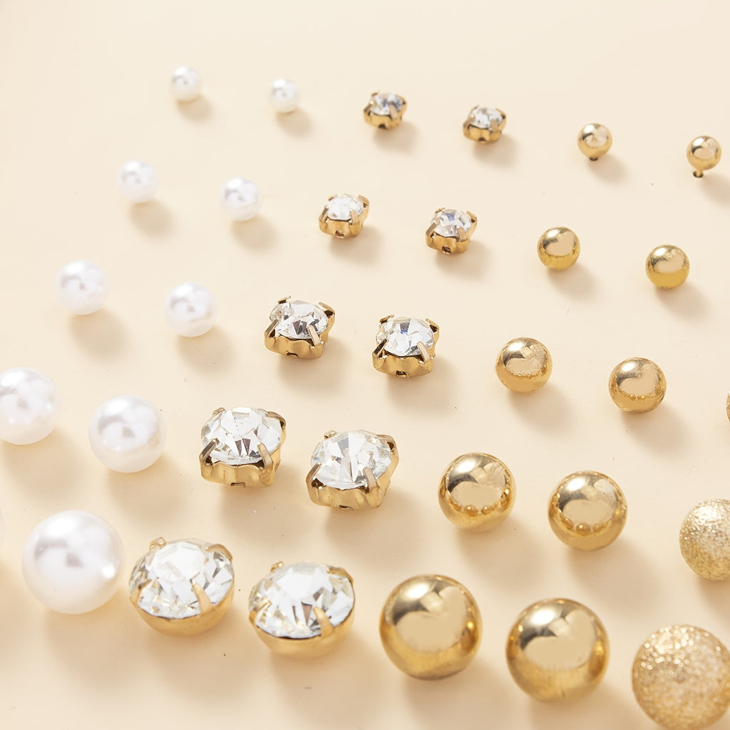 Everyday Glam: 20-Pair Stud & Stone Collection (Pearl & Rhinestone)