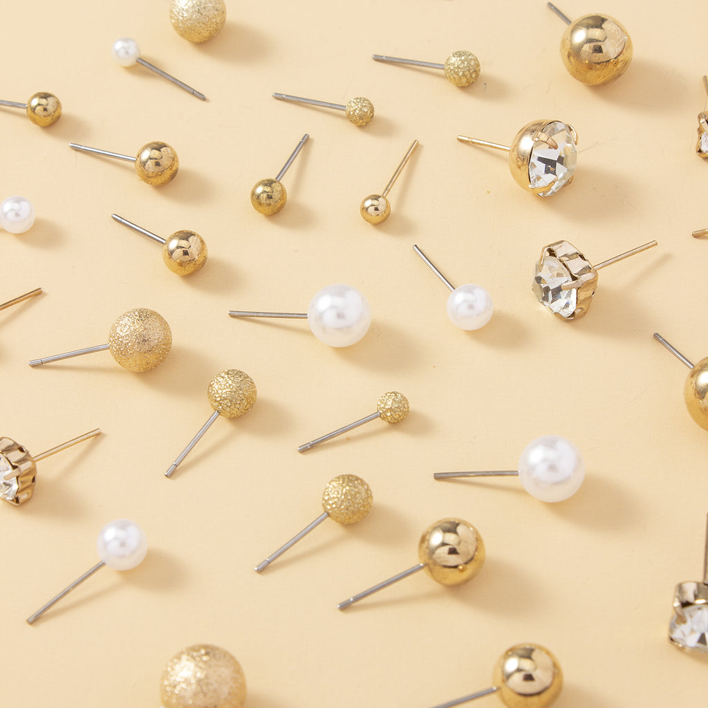 Everyday Glam: 20-Pair Stud & Stone Collection (Pearl & Rhinestone)
