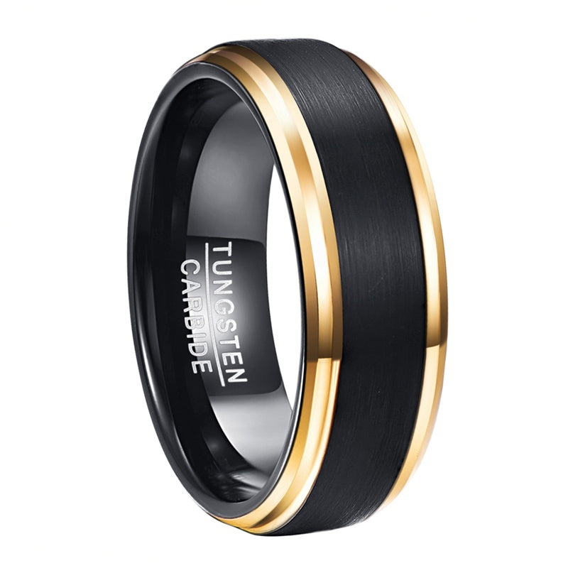 Bold Contrast 8mm Tungsten Ring - Black Matte Surface & Golden Plated Interior (Sizes 7-15)