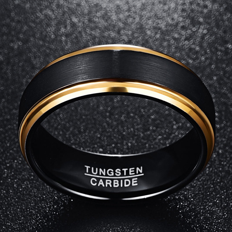 Bold Contrast 8mm Tungsten Ring - Black Matte Surface & Golden Plated Interior (Sizes 7-15)