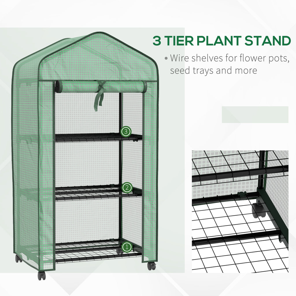3 Tier Mini Greenhouse with Reinforced PE Cover, Small Greenhouse, Green