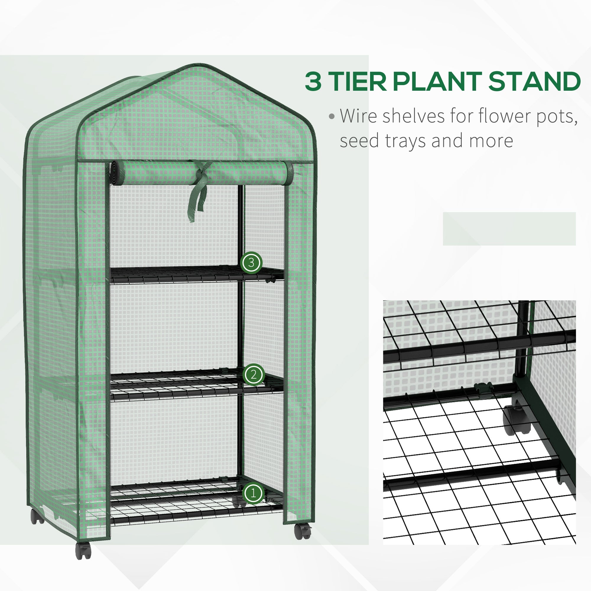 3 Tier Mini Greenhouse with Reinforced PE Cover, Small Greenhouse, Green