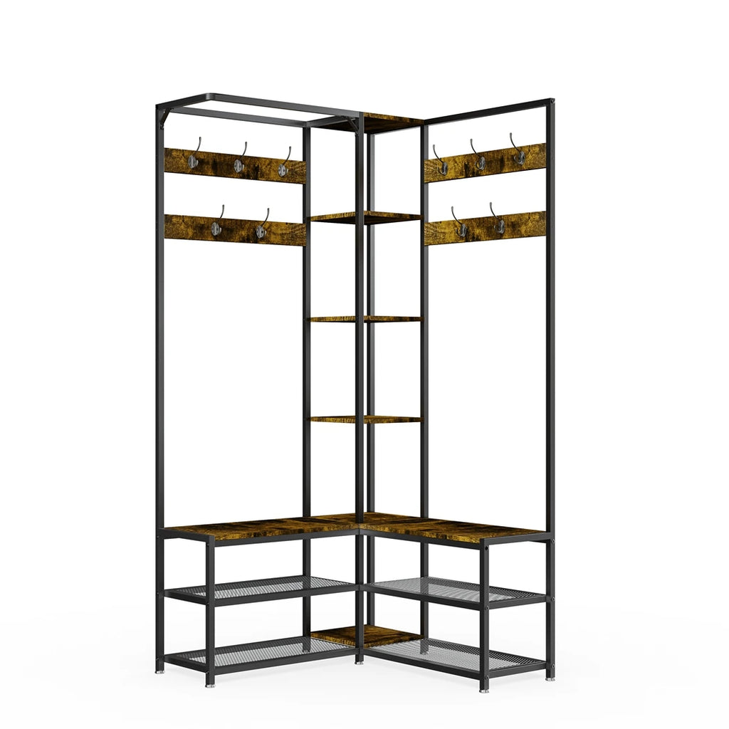 Hall Tree Free Standing Corner Clothes Hat Hanger Metal Coat Rack Stand with Shoe Storage