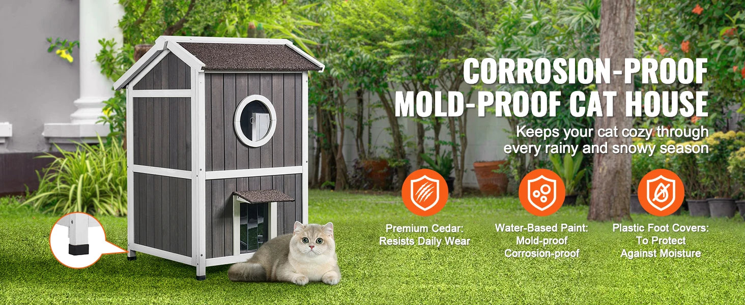 SucceBuy Outdoor Cat House Weatherproof Feral Cat Shelter for Multiple Cat Large Outdoor Wooden Cat House with Doors Window