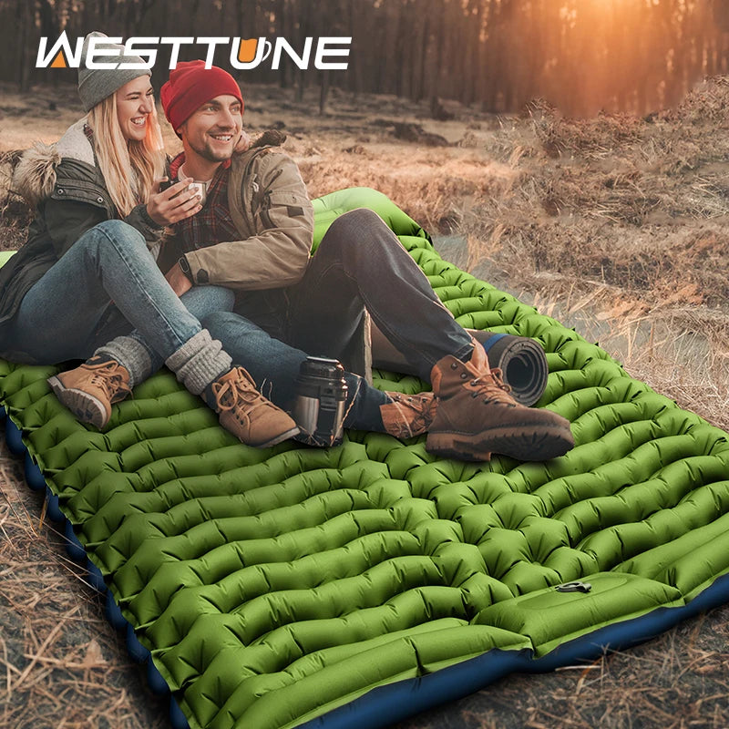 WESTTUNE Inflatable Mattress 4" Thick for 2 Person with Pillow Built-in Foot Pump Double Sleeping Pad for Backpacking Hiking