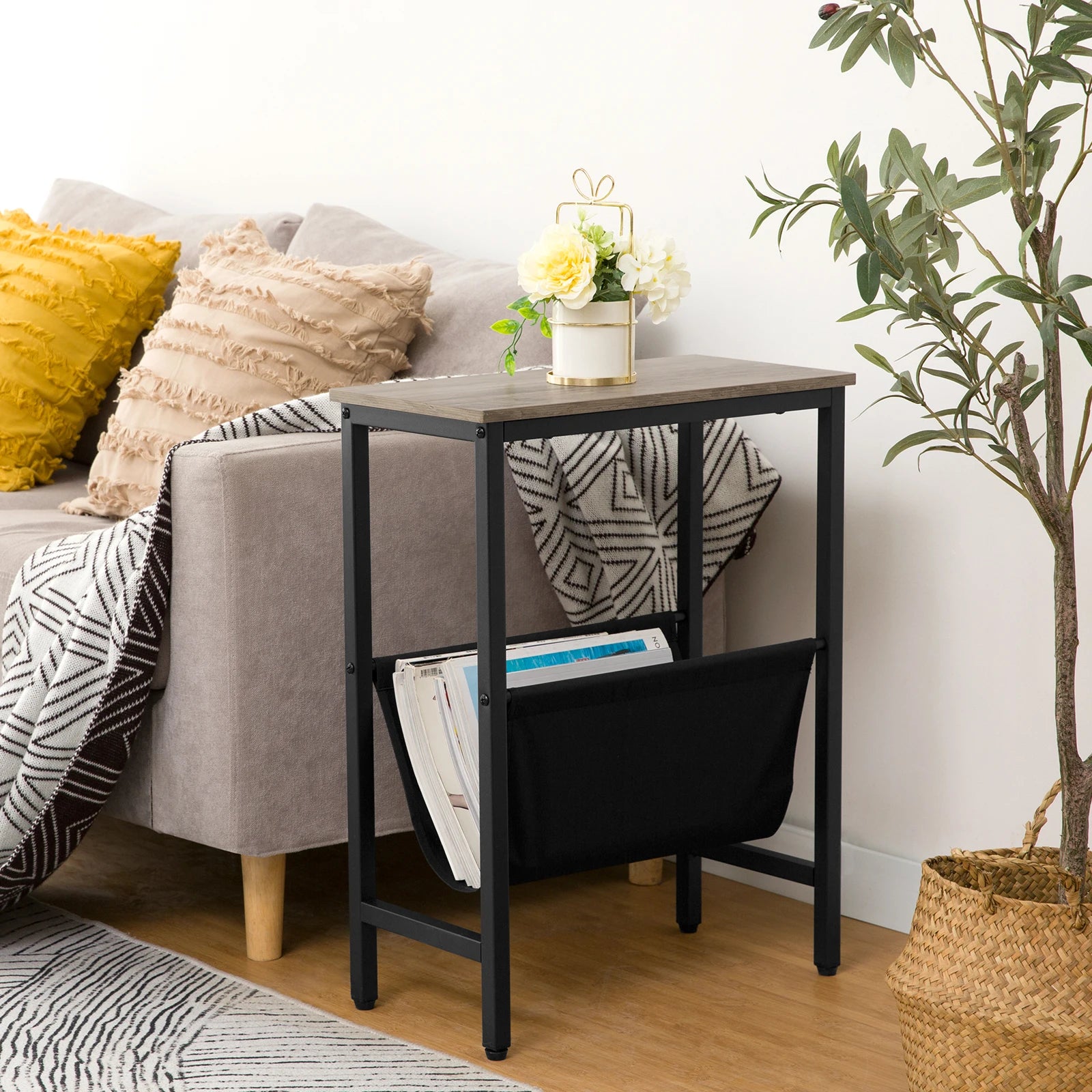 HOOBRO Side Table With Storage Narrow End Table With Magazine Holder Sling Bedside Nightstand Coffee Table For Small Space Brown
