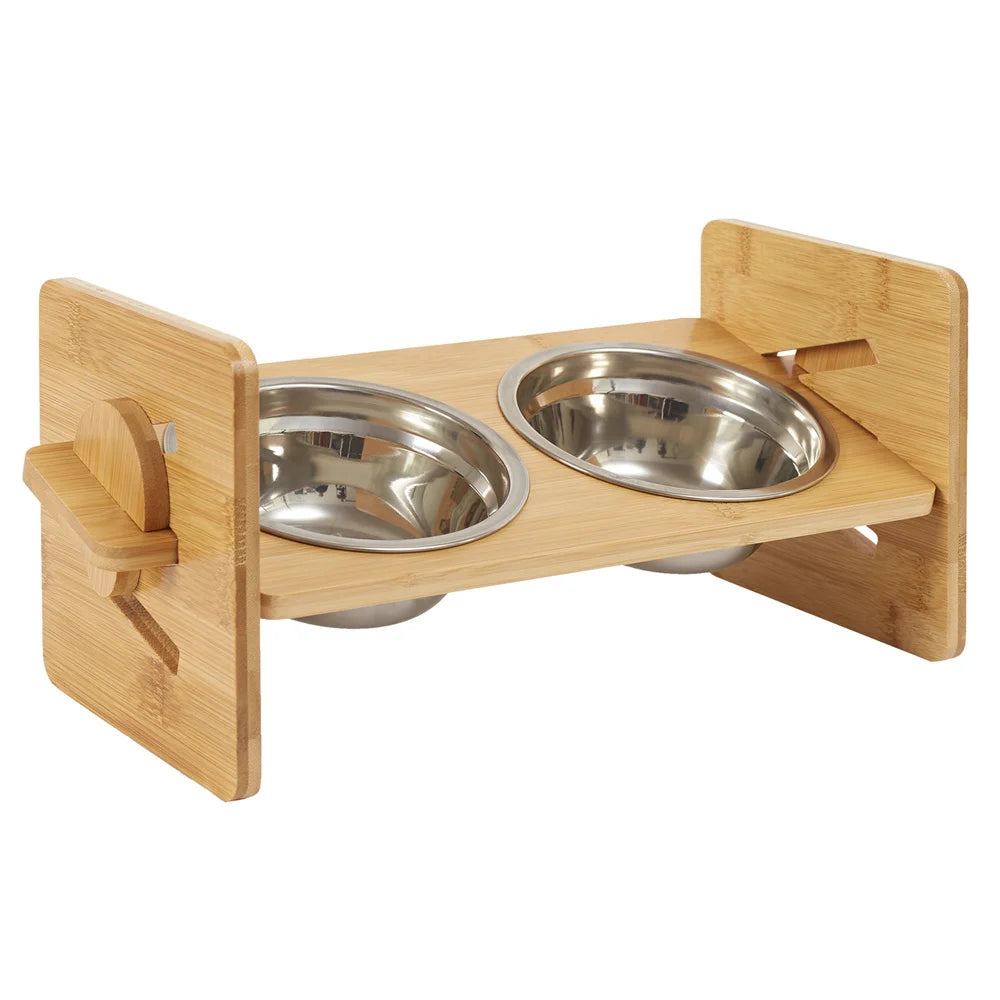 Elevated Dog Bowls with Stand Raised Dog Bowls 4 Heights Adjustable Dog Bowls Bamboo Dog Feeding Station 2 Stainless Steel Bowls