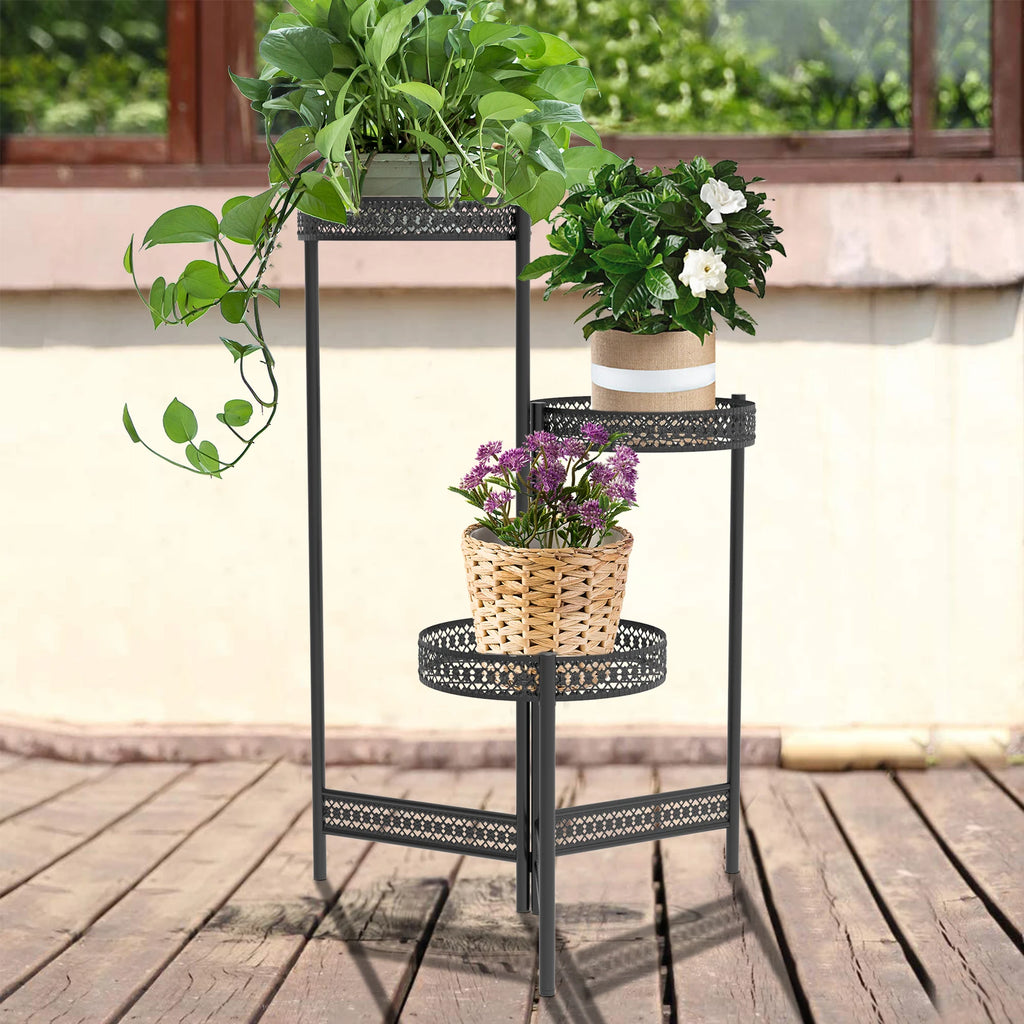 3/4 Tier Metal Plant Stand Indoor Black Tall Flower Pot Holder Display Rack Foldable for Patio Garden Living Room Corner Balcony