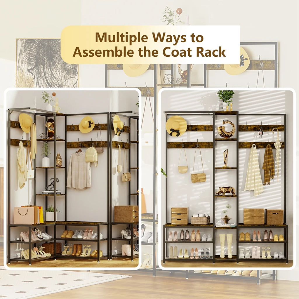 Hall Tree Free Standing Corner Clothes Hat Hanger Metal Coat Rack Stand with Shoe Storage