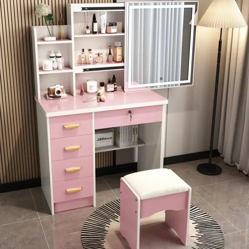 Dressing Table Vanity with Lighted Mirror Makeup Stool Desk with Mirror Storage Power Outlet and Drawers Color Lighting Modes