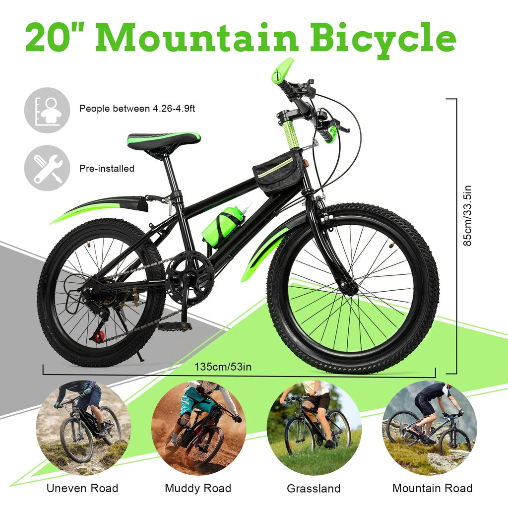 Green 20 Inch 7 Speeds Mountain Bike Adjustable Children's Bicycle with Storage Bag and Compass Bell Braking System Bike