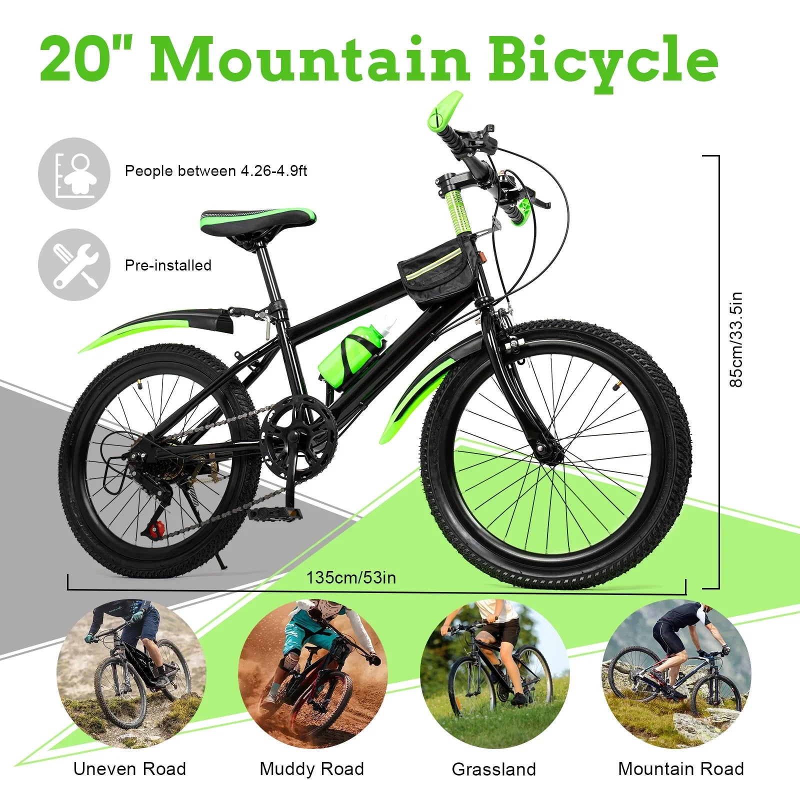 Green 20 Inch 7 Speeds Mountain Bike Adjustable Children's Bicycle with Storage Bag and Compass Bell Braking System Bike