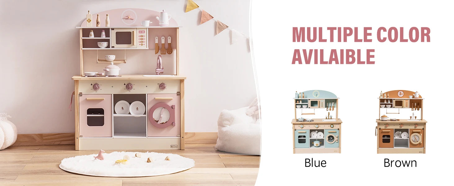 ROBOTIME Wooden Modern Style Play Kitchen with Realistic Accessories Plenty of Play Features for Gift for Girls&Boys Ages 3+