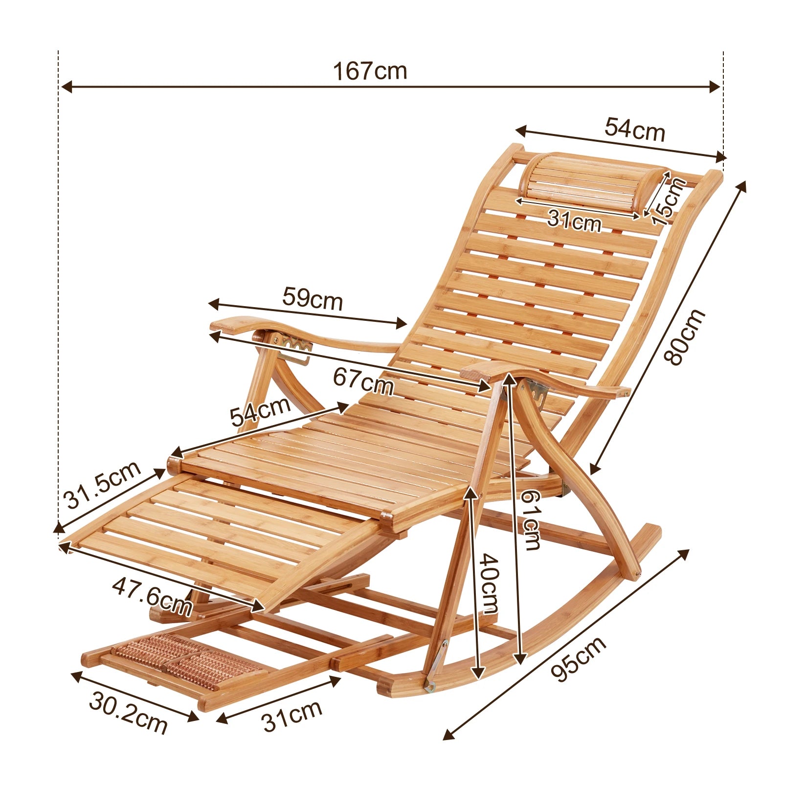 Folding Bamboo Rocking Chair Bamboo for Living Room, Bedroom, Backyard,Indoor Outdoor Furniture Adjustable Sun Lounger Chairs