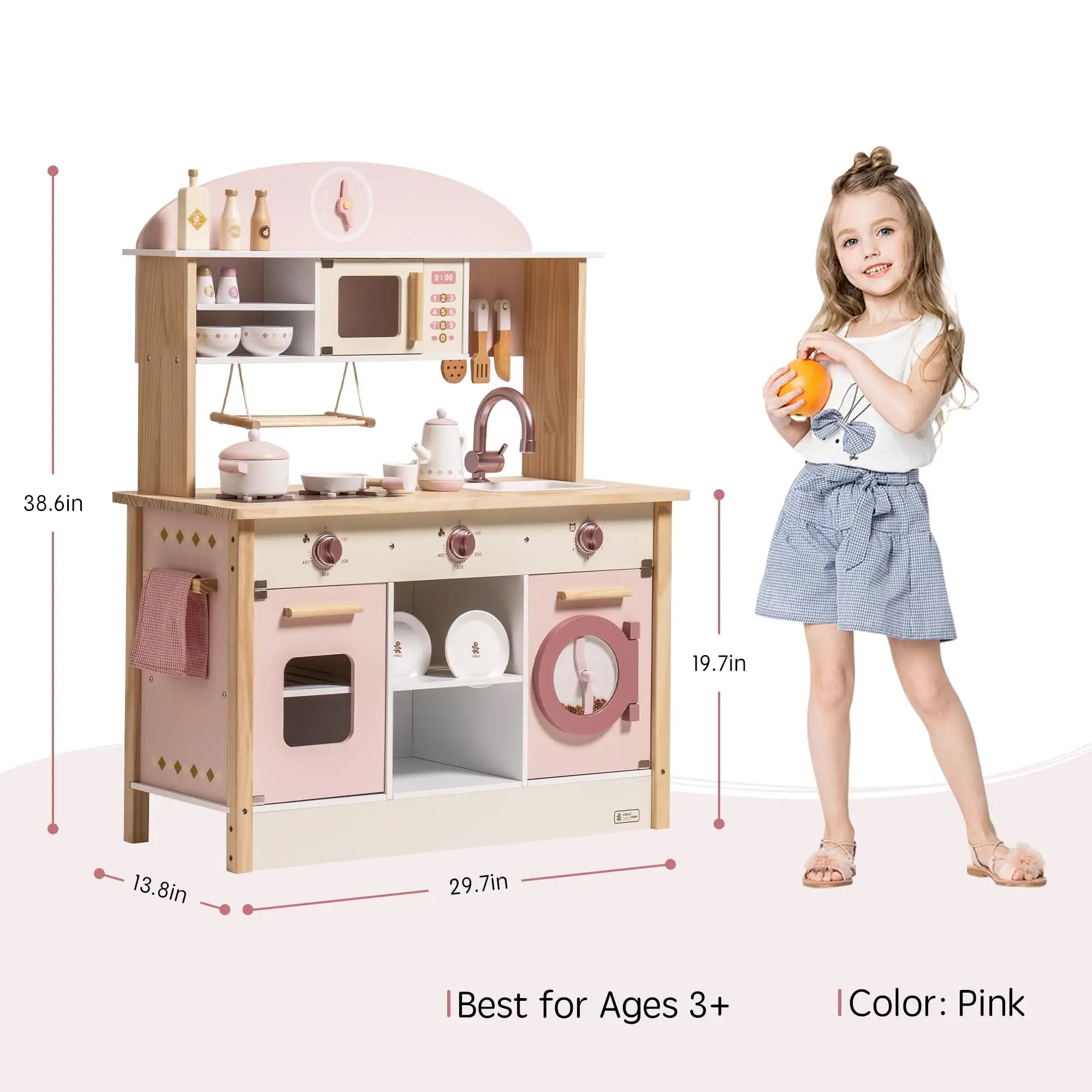 ROBOTIME Wooden Modern Style Play Kitchen with Realistic Accessories Plenty of Play Features for Gift for Girls&Boys Ages 3+