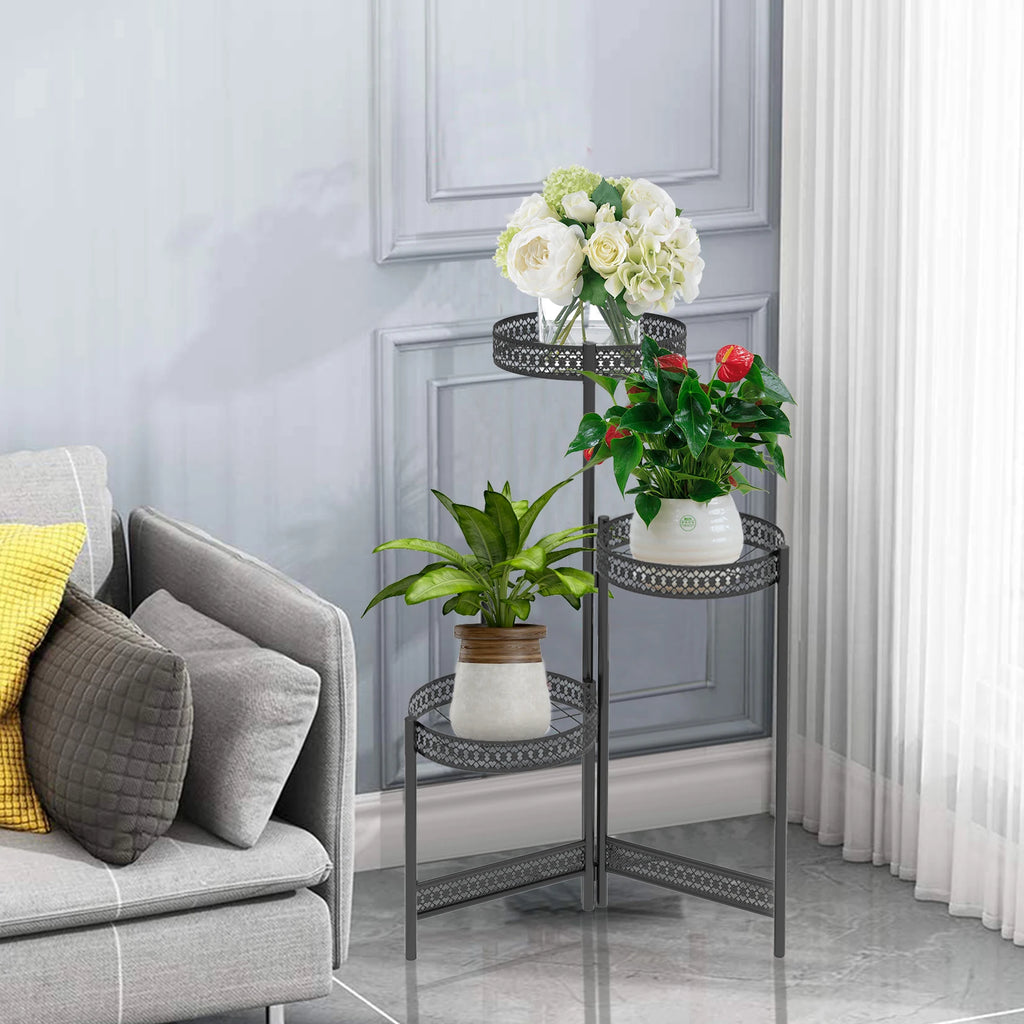 3/4 Tier Metal Plant Stand Indoor Black Tall Flower Pot Holder Display Rack Foldable for Patio Garden Living Room Corner Balcony