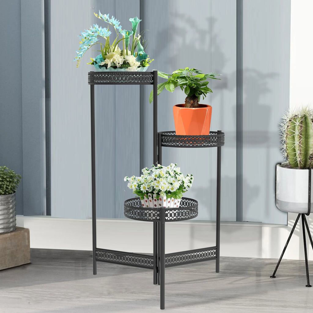 3/4 Tier Metal Plant Stand Indoor Black Tall Flower Pot Holder Display Rack Foldable for Patio Garden Living Room Corner Balcony