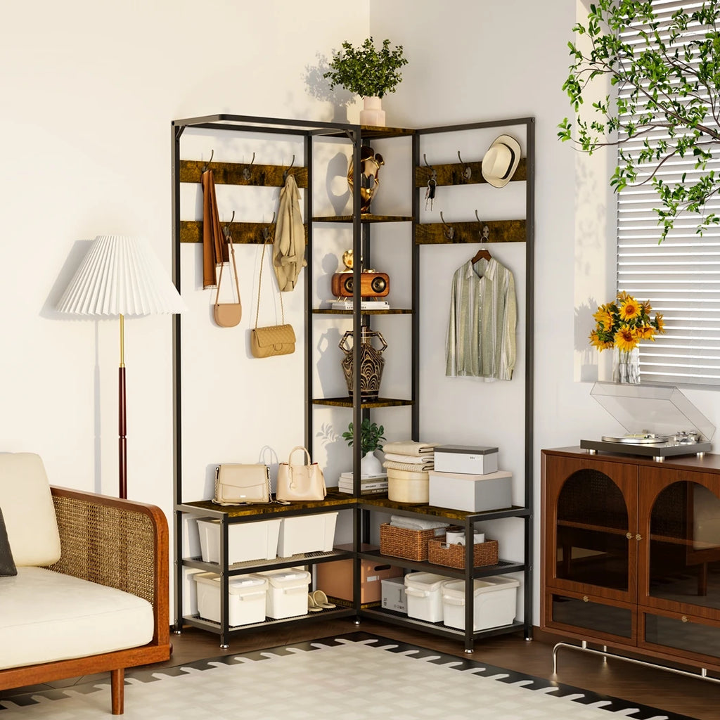 Hall Tree Free Standing Corner Clothes Hat Hanger Metal Coat Rack Stand with Shoe Storage