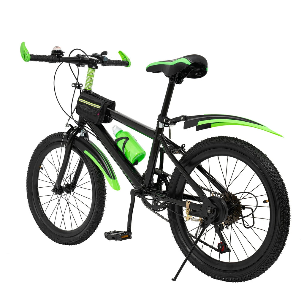 Green 20 Inch 7 Speeds Mountain Bike Adjustable Children's Bicycle with Storage Bag and Compass Bell Braking System Bike