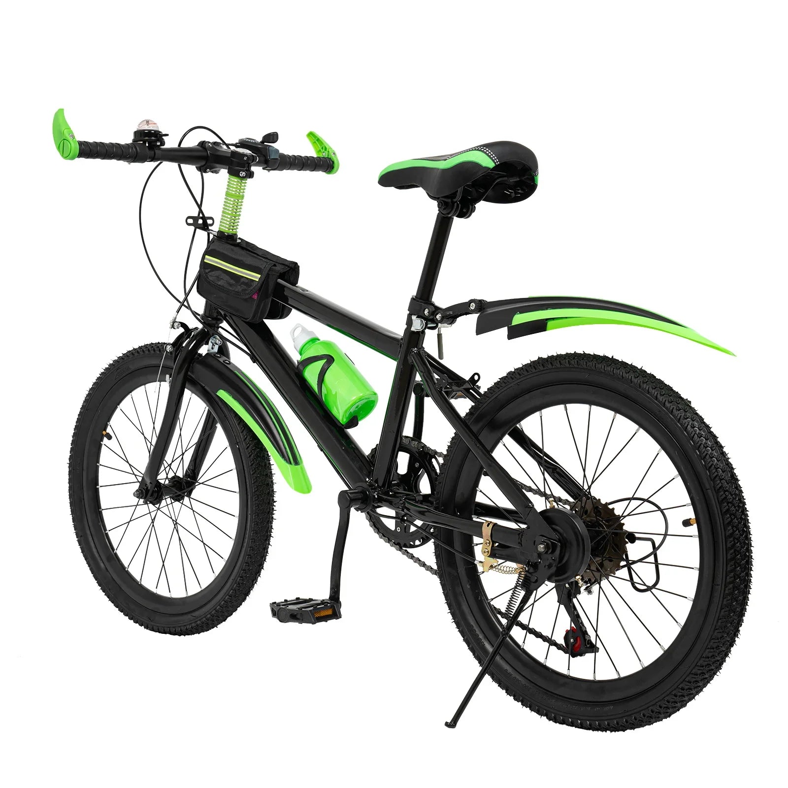 Green 20 Inch 7 Speeds Mountain Bike Adjustable Children's Bicycle with Storage Bag and Compass Bell Braking System Bike