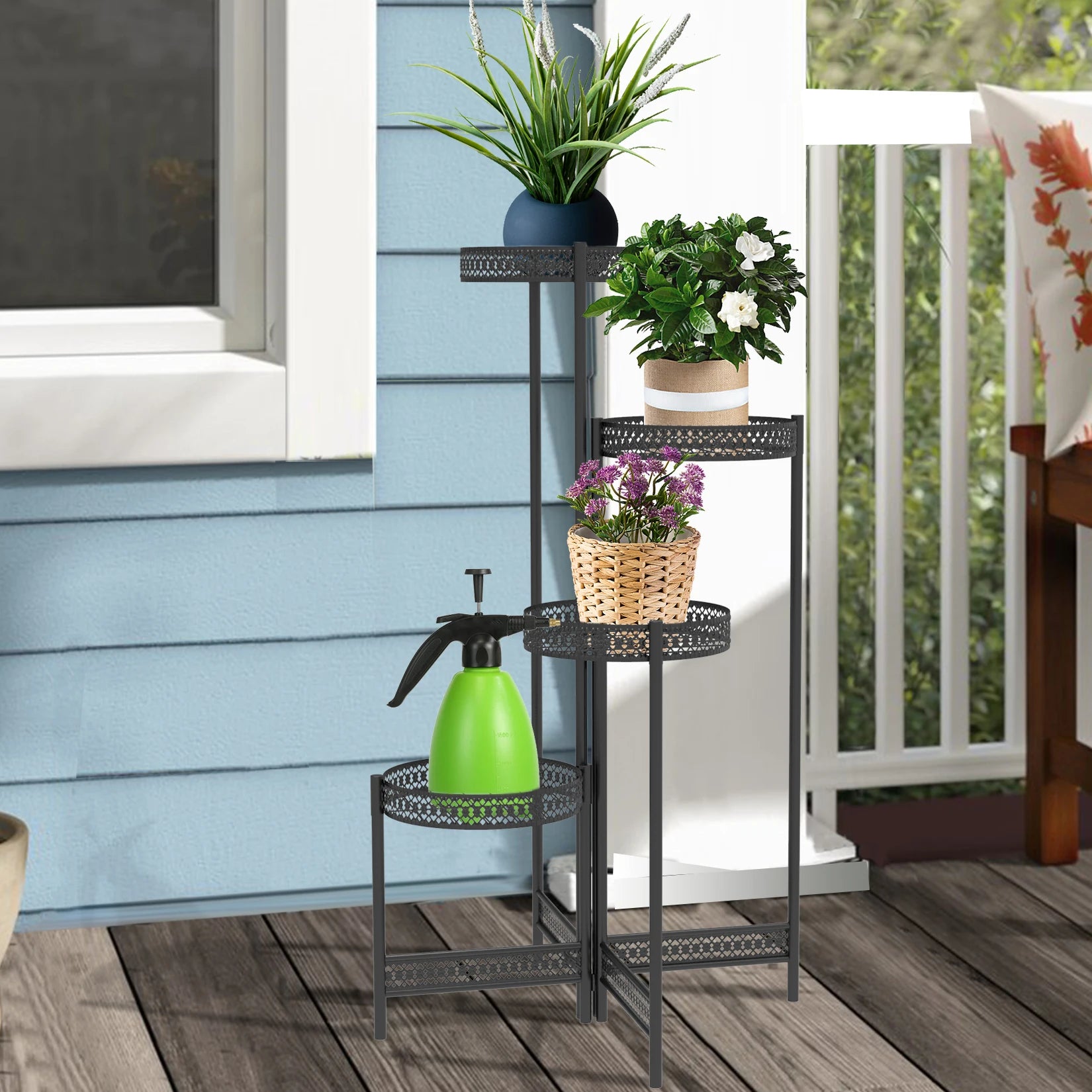 3/4 Tier Metal Plant Stand Indoor Black Tall Flower Pot Holder Display Rack Foldable for Patio Garden Living Room Corner Balcony