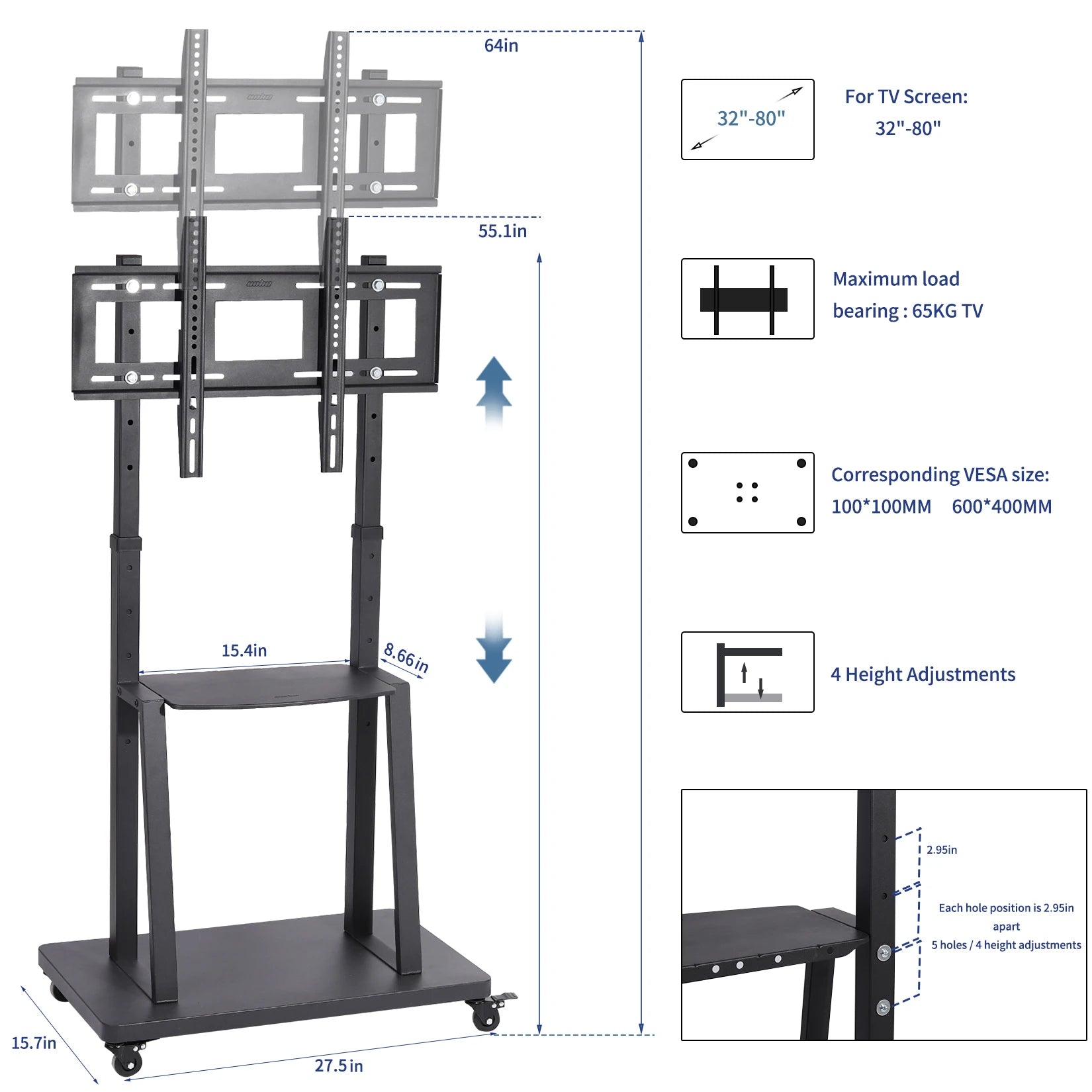 Free Standing Adjustable TV Floor Stand Heavy Duty TV Trolley for 32-80" Flat Screens Loading Weight up to 65KG
