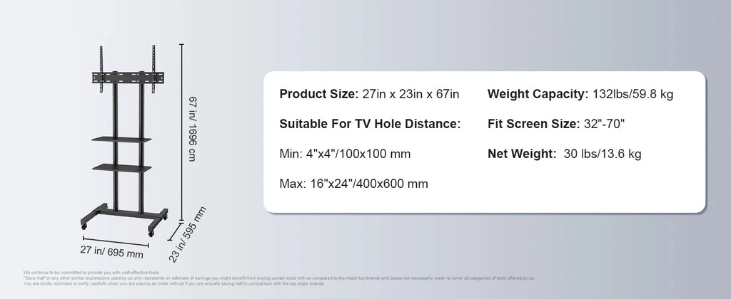 SucceBuy Mobile TV Stand Height Adjustable TV Stand w/ Wheels Double Tray for Audio-Visual Devices Rolling TV Stand for Bedroom