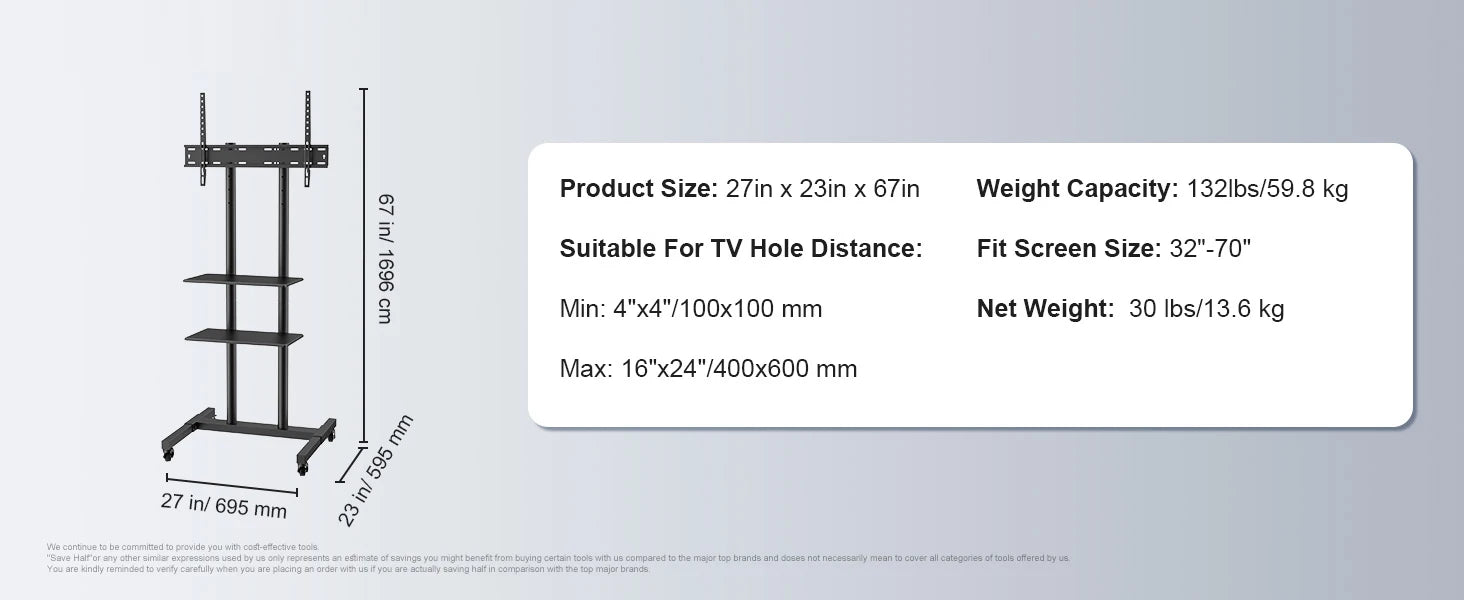 SucceBuy Mobile TV Stand Height Adjustable TV Stand w/ Wheels Double Tray for Audio-Visual Devices Rolling TV Stand for Bedroom