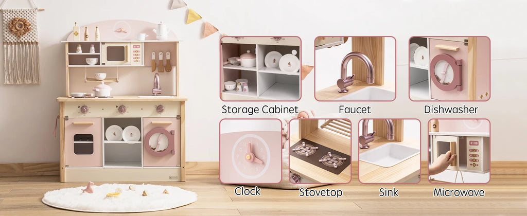 ROBOTIME Wooden Modern Style Play Kitchen with Realistic Accessories Plenty of Play Features for Gift for Girls&Boys Ages 3+