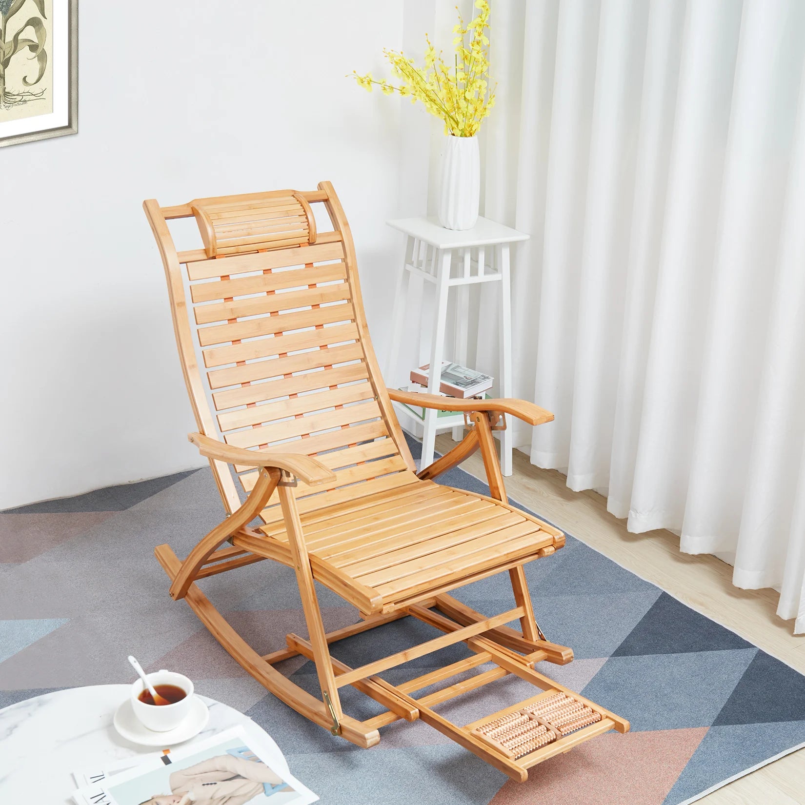 Folding Bamboo Rocking Chair Bamboo for Living Room, Bedroom, Backyard,Indoor Outdoor Furniture Adjustable Sun Lounger Chairs