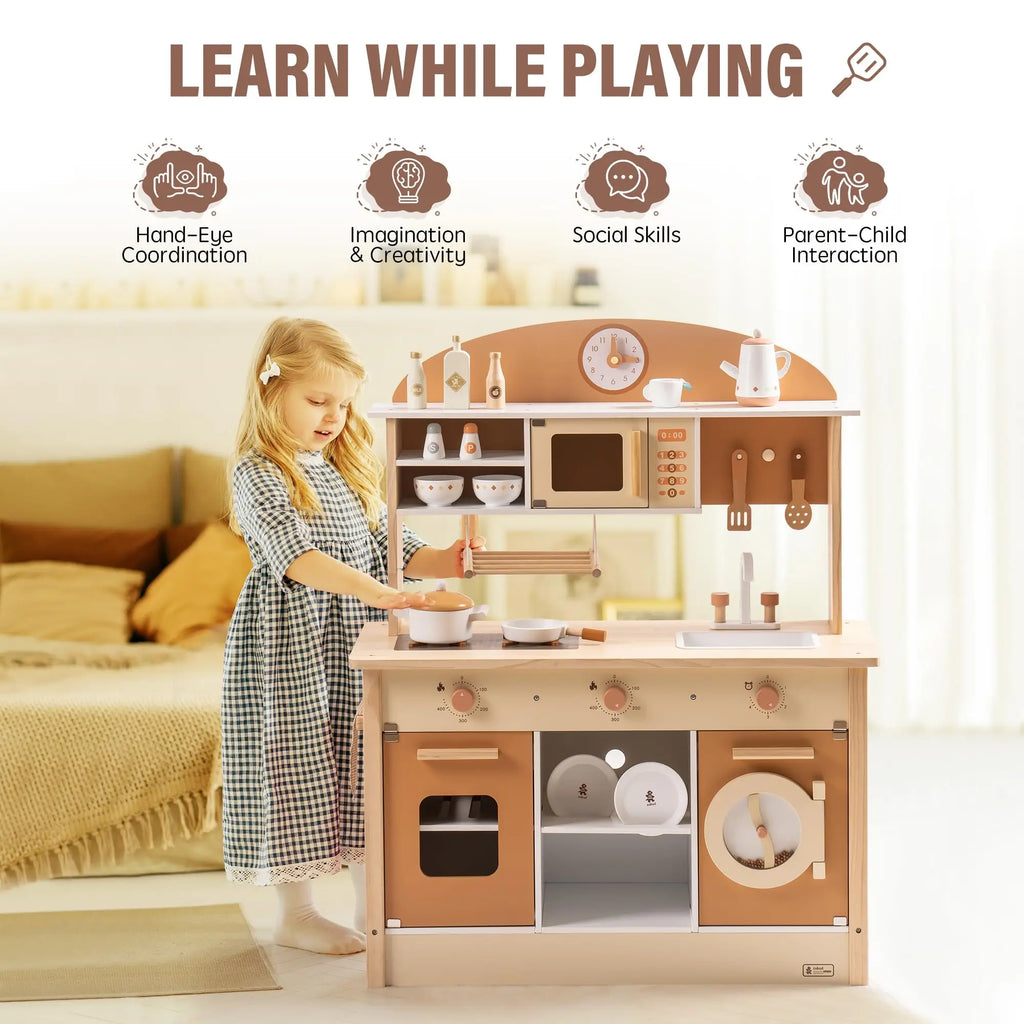 ROBOTIME Wooden Modern Style Play Kitchen with Realistic Accessories Plenty of Play Features for Gift for Girls&Boys Ages 3+