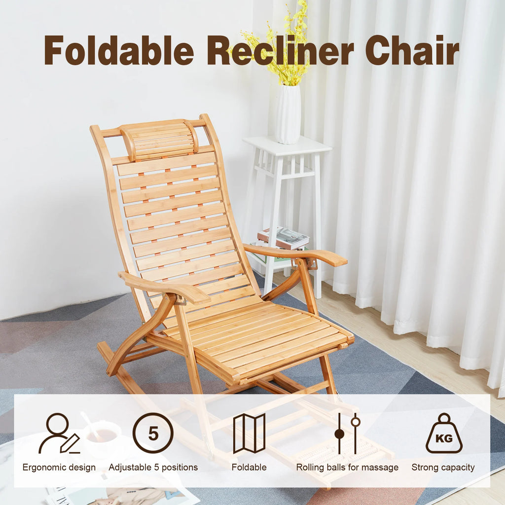 Folding Bamboo Rocking Chair Bamboo for Living Room, Bedroom, Backyard,Indoor Outdoor Furniture Adjustable Sun Lounger Chairs