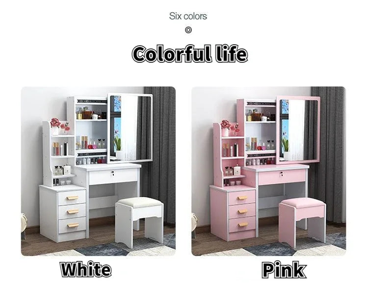 Dressing Table Vanity with Lighted Mirror Makeup Stool Desk with Mirror Storage Power Outlet and Drawers Color Lighting Modes