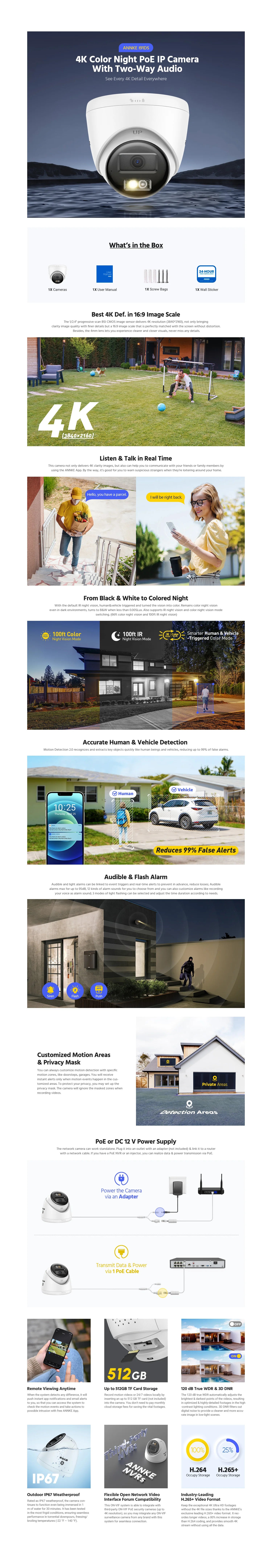 Annke 8MP HD IP Security Camera Poe 4K Dual Light Audio Fixed Camera Human Vehicle Detection 256G SD Storage ONVIF IP67