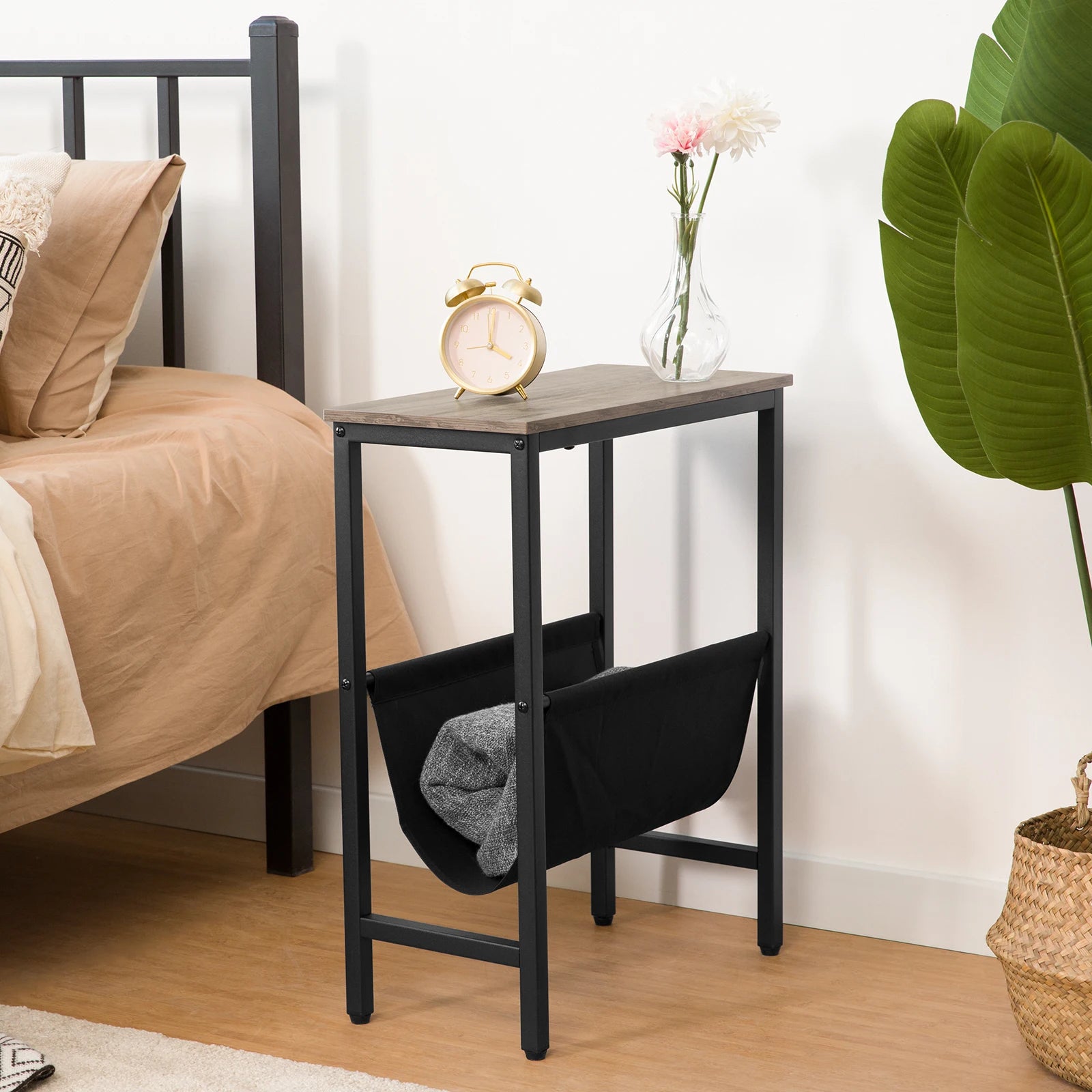 HOOBRO Side Table With Storage Narrow End Table With Magazine Holder Sling Bedside Nightstand Coffee Table For Small Space Brown