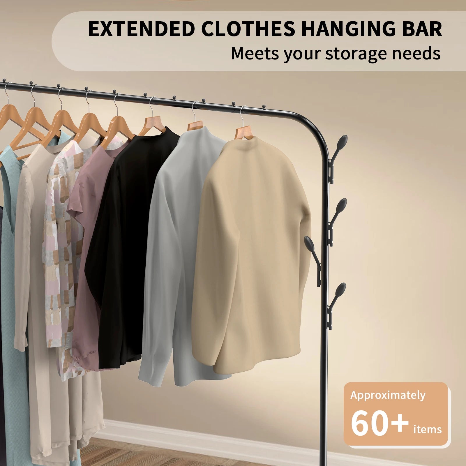 Metal Clothes Rail Heavy Duty Clothes Rack Single Hanging Portable Bedroom Freestanding Clothing Rack Storage Shelf With Hooks