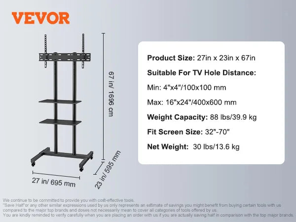 SucceBuy Mobile TV Stand Height Adjustable TV Stand w/ Wheels Double Tray for Audio-Visual Devices Rolling TV Stand for Bedroom