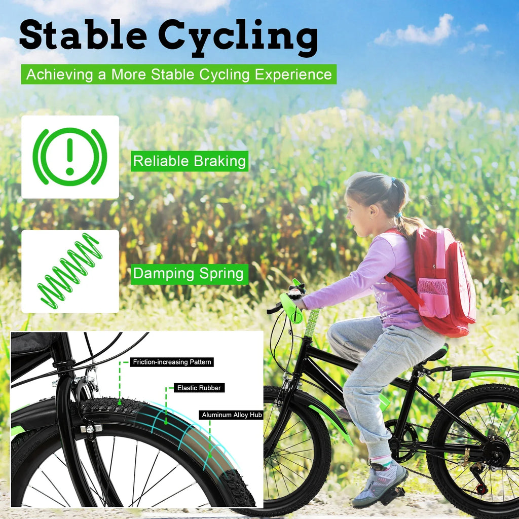 Green 20 Inch 7 Speeds Mountain Bike Adjustable Children's Bicycle with Storage Bag and Compass Bell Braking System Bike