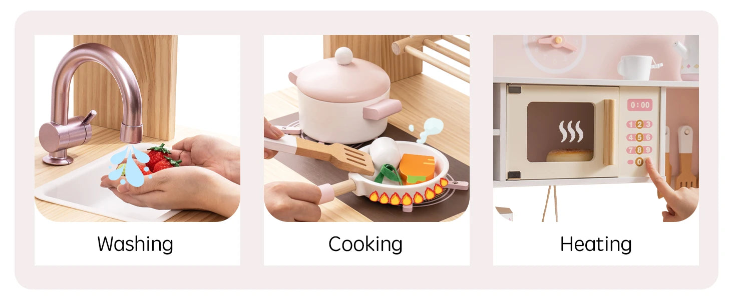 ROBOTIME Wooden Modern Style Play Kitchen with Realistic Accessories Plenty of Play Features for Gift for Girls&Boys Ages 3+