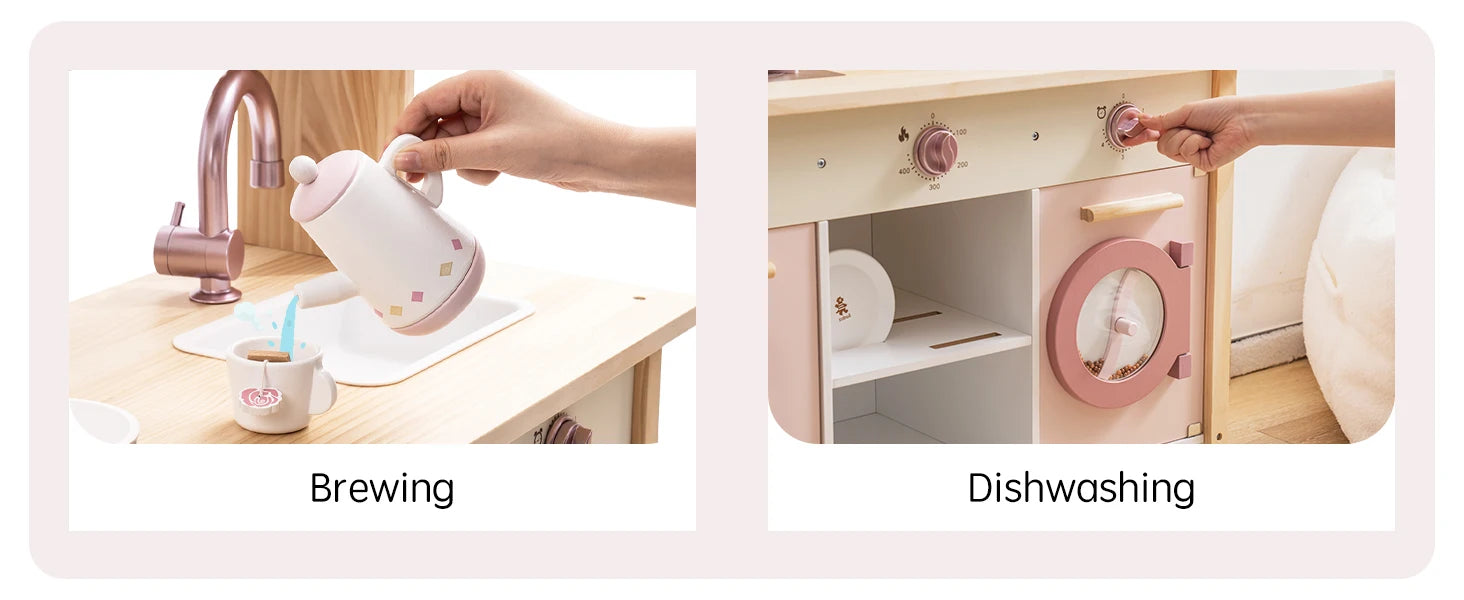 ROBOTIME Wooden Modern Style Play Kitchen with Realistic Accessories Plenty of Play Features for Gift for Girls&Boys Ages 3+