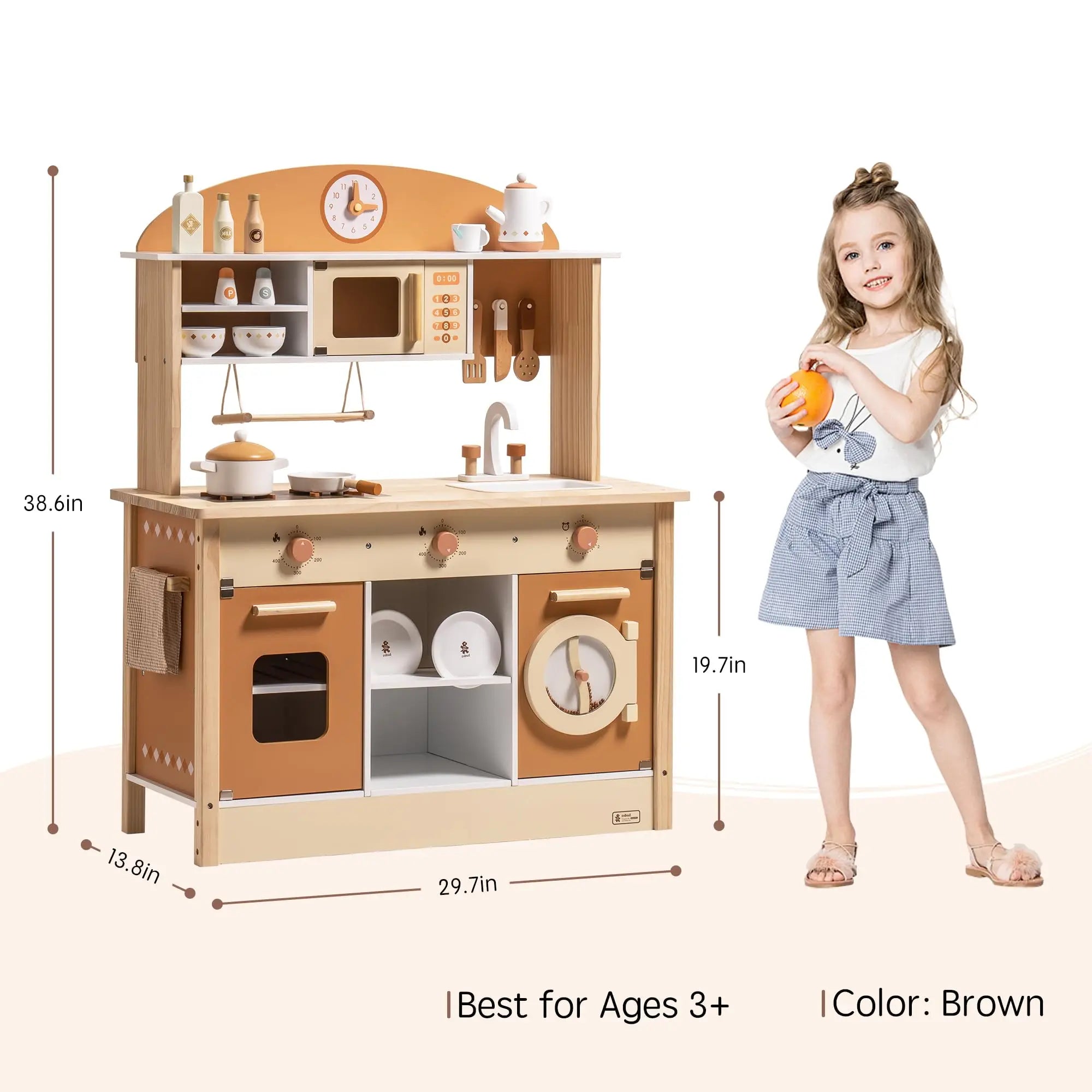 ROBOTIME Wooden Modern Style Play Kitchen with Realistic Accessories Plenty of Play Features for Gift for Girls&Boys Ages 3+