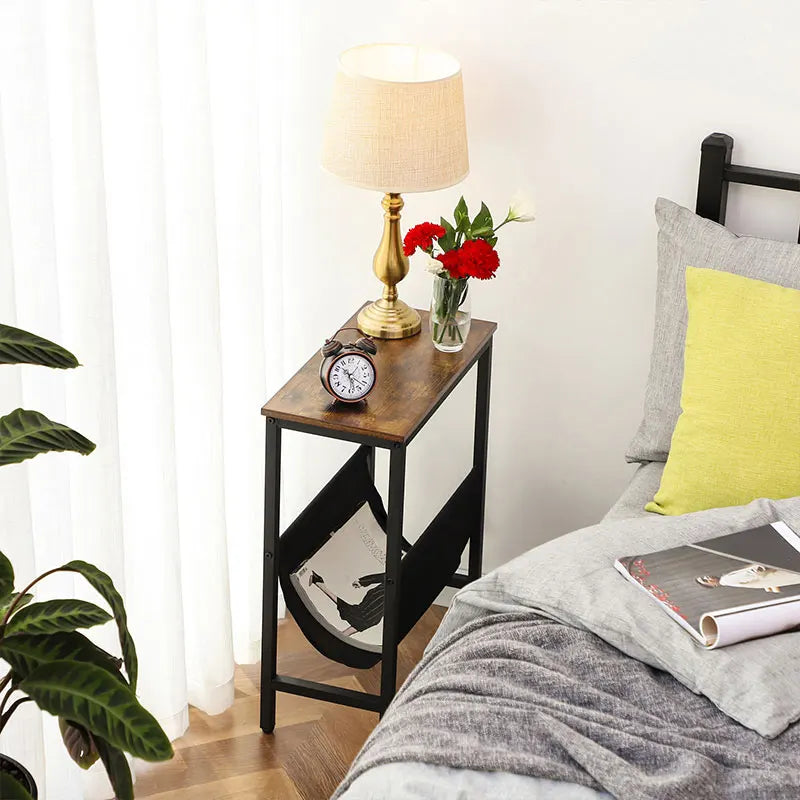 HOOBRO Side Table With Storage Narrow End Table With Magazine Holder Sling Bedside Nightstand Coffee Table For Small Space Brown