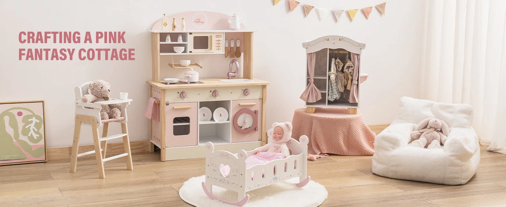 ROBOTIME Wooden Modern Style Play Kitchen with Realistic Accessories Plenty of Play Features for Gift for Girls&Boys Ages 3+