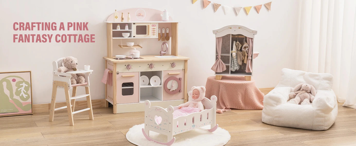 ROBOTIME Wooden Modern Style Play Kitchen with Realistic Accessories Plenty of Play Features for Gift for Girls&Boys Ages 3+