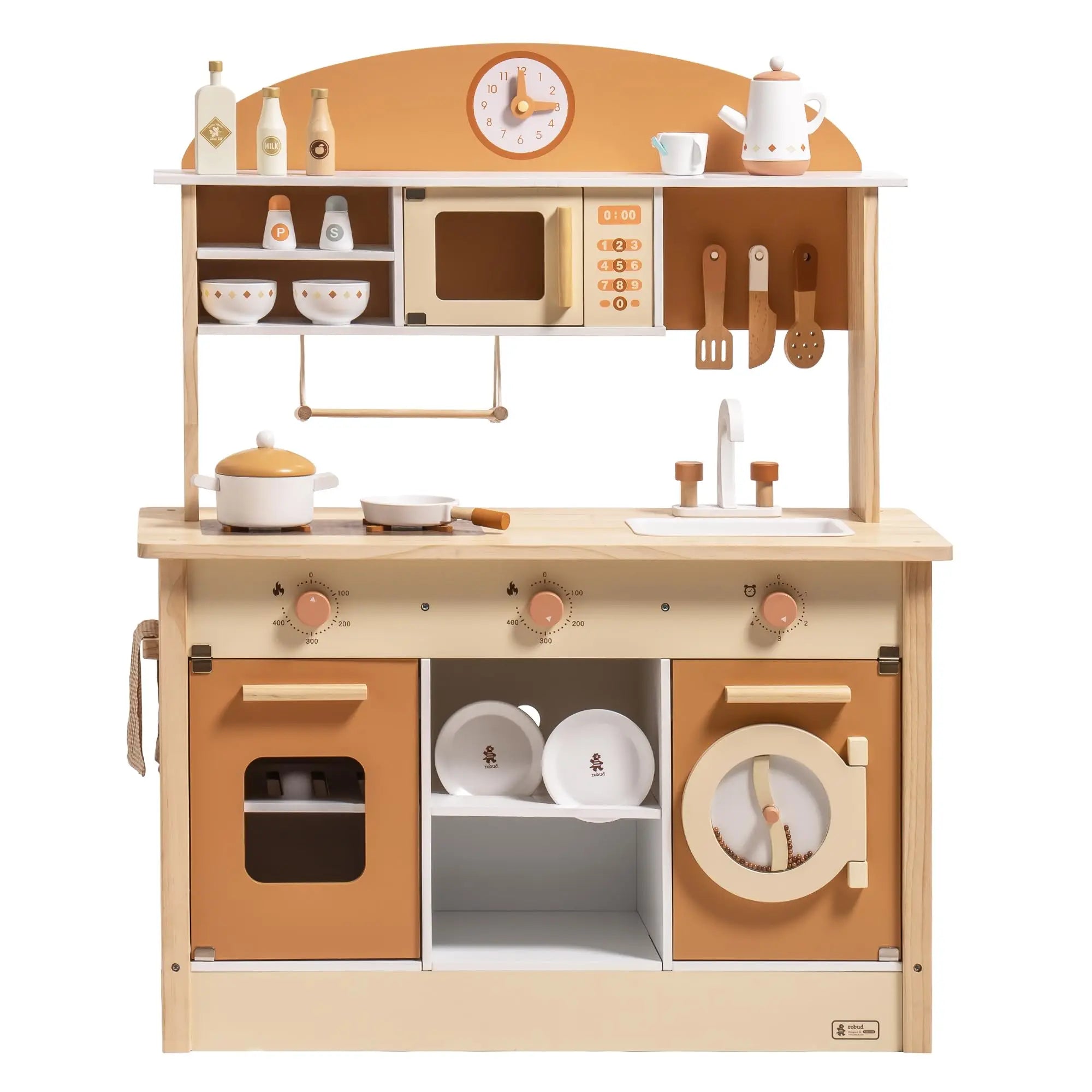 ROBOTIME Wooden Modern Style Play Kitchen with Realistic Accessories Plenty of Play Features for Gift for Girls&Boys Ages 3+