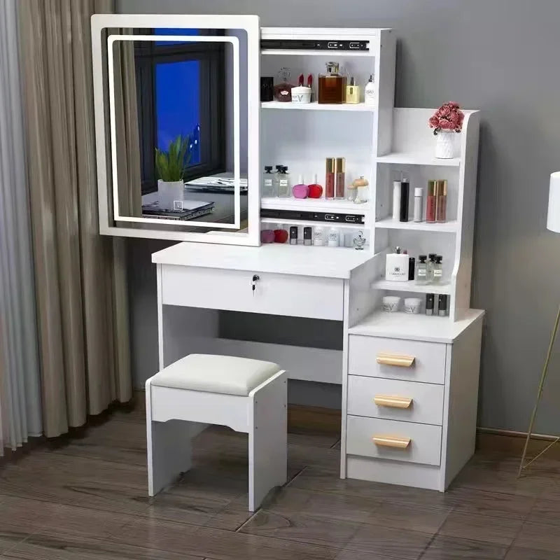 Dressing Table Vanity with Lighted Mirror Makeup Stool Desk with Mirror Storage Power Outlet and Drawers Color Lighting Modes