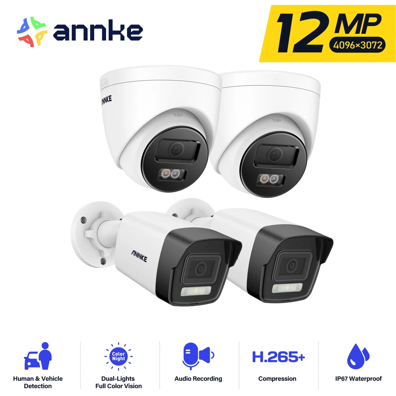 Annke 4Pcs 12MP HD IP Security Camera Poe 6K Dual Light Audio Fixed Bullet Camera Human Vehicle Detection 256G SD Storage ONVIF