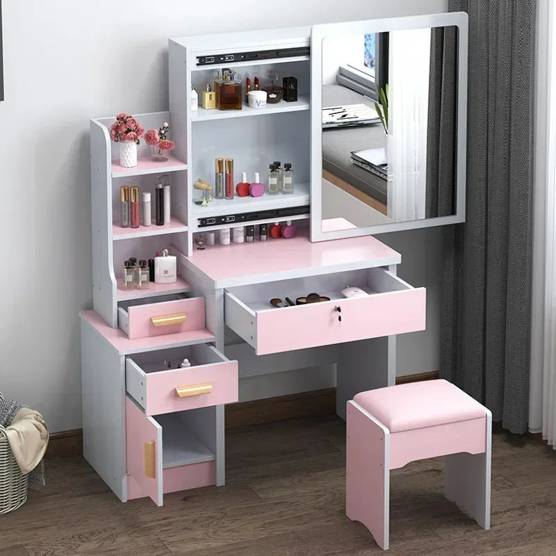 Dressing Table Vanity with Lighted Mirror Makeup Stool Desk with Mirror Storage Power Outlet and Drawers Color Lighting Modes