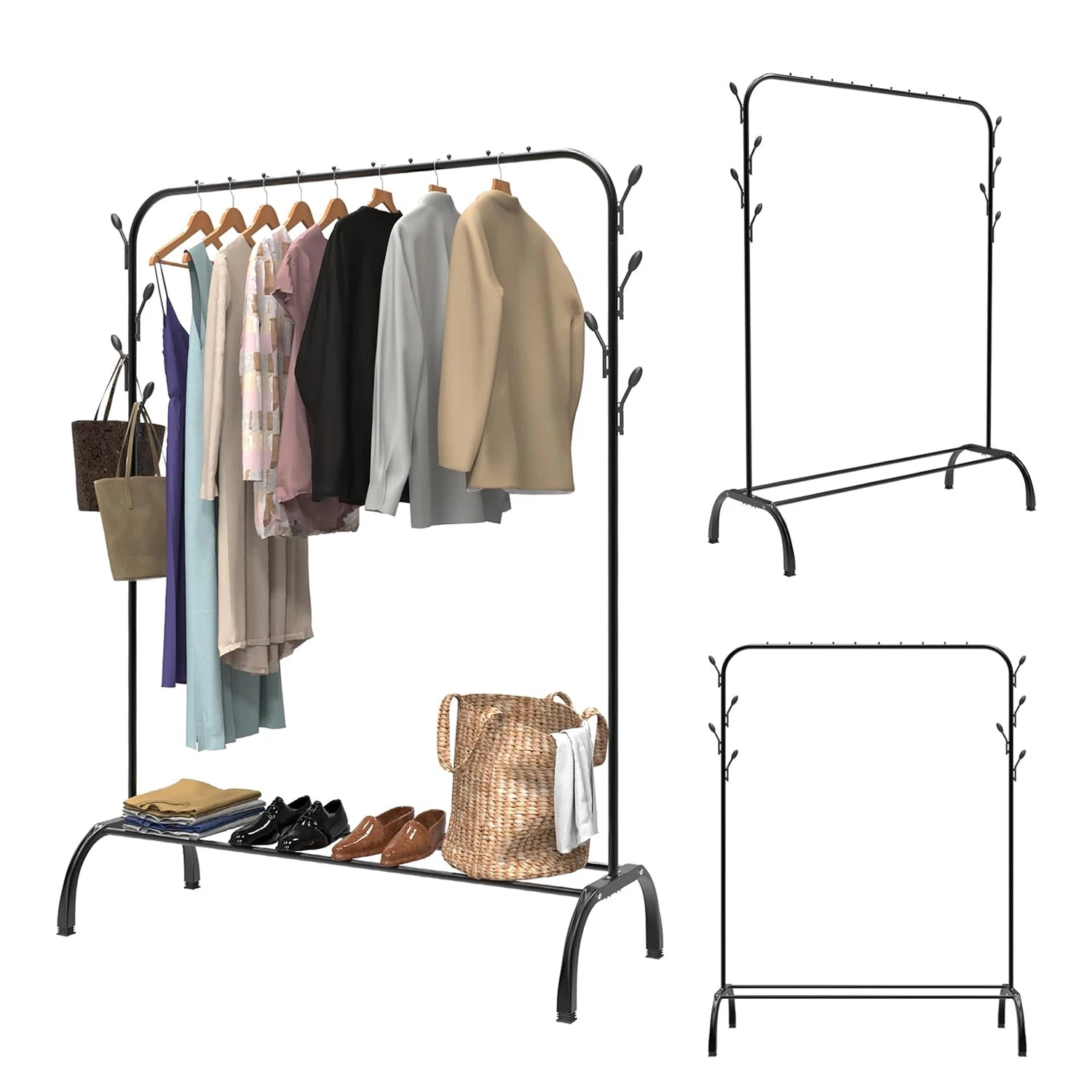 Metal Clothes Rail Heavy Duty Clothes Rack Single Hanging Portable Bedroom Freestanding Clothing Rack Storage Shelf With Hooks